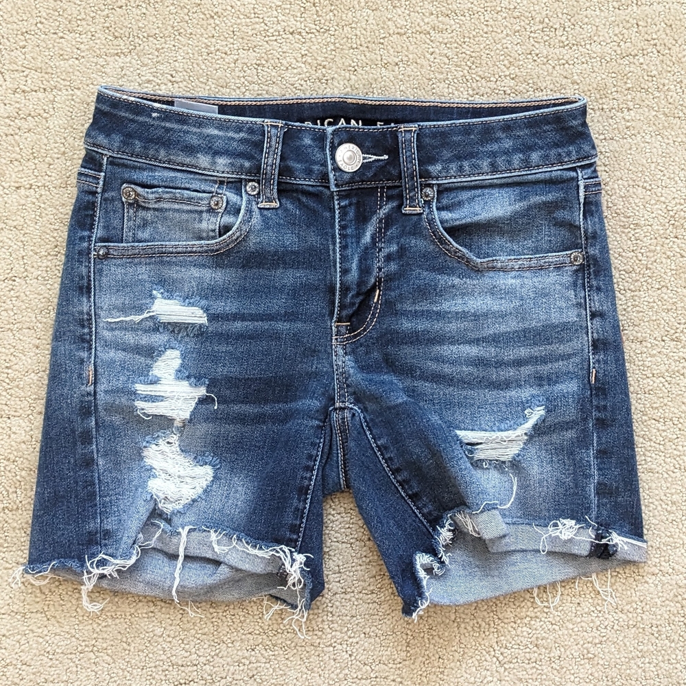 American Eagle Denim Shorts Women 2 Blue Cutoff Distressed Jeans Stretch